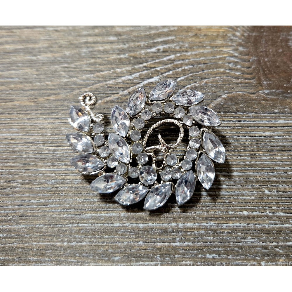 Vintage Floral Brooch Pin Silver Tone Blue Rhinestone Swirl Flower Paisley